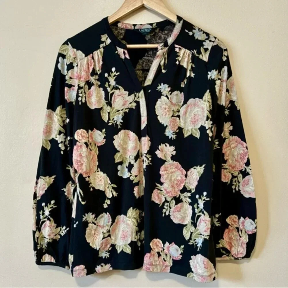 •SOLD•|Lauren| by Ralph Lauren Black and Pink Floral V-Neck Long Sleeve Blouse L - Picture 1 of 5